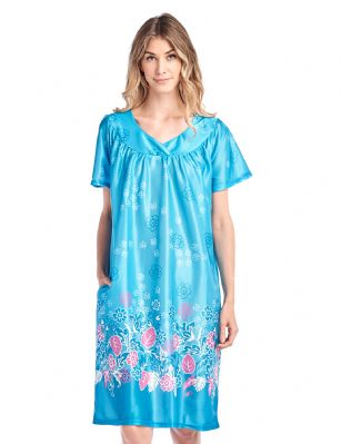 Casual Nights Women's Short Sleeve Muumuu Lounger Dress - Teal - Please use our size chart to determine which size will fit you best, if your measurements fall between two sizes we recommend ordering a larger size as most people prefer their sleepwear a little looser. Approx Length 42". Small Measures: US Size 0, Chests/Bust: 30" 32-" Medium Measures: US Size 2-4, Chests/Bust: 33-34" Large Measures: US Size 6-8, Chests/Bust: 35" - 36" X-Larger and 1X Measures: US Size 10-12, Chests/Bust: 37" - 38" XX-Large and 2X Measures: US Size 14-16, Chests/Bust: 40" - 42" 3X-Large and 3X Measures: US Size 18, Chests/Bust 42.5-44" You'll love slipping into this Slip over Muumuu Caftan Dress From our Lounge Dresses & MuuMuus collection, designed in Floral silky satin fabric with a relaxed Fit, This Duster Features Short Sleeves, V neckline and one side seam pocket. This ultra-Lightweight fabric House Dress will keep you comfortable and stylish to wear it around the house or to sleep in.