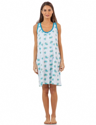 Casual Nights Women's Cotton Sleeveless Nightgown Chemise - Aqua Bloom Dots - You'll love slipping into This Women's Cotton Sleeveless Nightgown Shirt from Casual Nights thats made of a 100% breathable soft cotton fabric which feels great to touch and even greater to wear. Sleep nightshirt features; Beautiful flower prints and designs, scoop neck, sleeveless, front bow accent, flirty length measures Approx. 35" inches from shoulder to hem. Wear it alone or with pajama shorts or pants. Excellent gift idea for any occasion. 