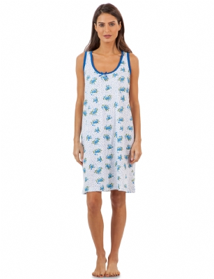 Casual Nights Women's Cotton Sleeveless Nightgown Chemise - Blue Bloom Dots - You'll love slipping into This Women's Cotton Sleeveless Nightgown Shirt from Casual Nights thats made of a 100% breathable soft cotton fabric which feels great to touch and even greater to wear. Sleep nightshirt features; Beautiful flower prints and designs, scoop neck, sleeveless, front bow accent, flirty length measures Approx. 35" inches from shoulder to hem. Wear it alone or with pajama shorts or pants. Excellent gift idea for any occasion. 