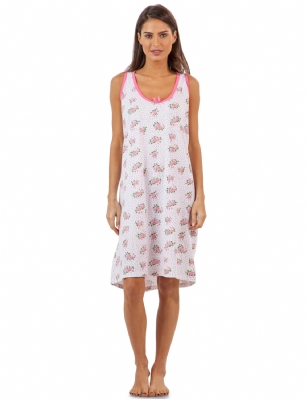 Casual Nights Women's Cotton Sleeveless Nightgown Chemise - Pink Bloom Dots - You'll love slipping into This Women's Cotton Sleeveless Nightgown Shirt from Casual Nights thats made of a 100% breathable soft cotton fabric which feels great to touch and even greater to wear. Sleep nightshirt features; Beautiful flower prints and designs, scoop neck, sleeveless, front bow accent, flirty length measures Approx. 35" inches from shoulder to hem. Wear it alone or with pajama shorts or pants. Excellent gift idea for any occasion. 