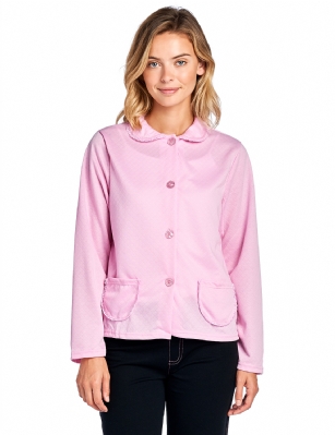 Casual Nights Women's Button Front Quilted Sleep Jacket Top - Pink - This Button Up Front Quilted Bed Top from Casual Nights, Exceptionally lightweight made from poly smooth to the touch fabric. Jacket features; Long sleeves, quilted design, Fancy lace trim detail at round collar and pockets, patch pockets, front easy 5 button closure measures 25-26" inches makes the shower robe easy to wear. Measures approx. 39" from shoulder to hem. Perfect for spas, shower houses, dorms, pools, gyms, bathrooms, lounging, changing and more. Great Gift Idea.