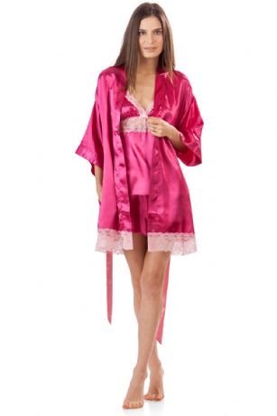 Ashford & Brooks Women's 3 Piece Satin Robe and Pajama Set - Fuschia - This Women's Cami and Shorts Pajama Robe Set from Ashford & Brooks is made out of an exceptionally lightweight silky poly fabric offering an ultra comfortable yet flattering fit. Kimono Bathrobe features: lace trim detail, 3/4 sleeves, side seam pockets, matching self-tie belt and attached inner tie, approx. 34" length. Pjs set features: v-neck neckline top with adjustable straps, lace trim detail with bow accent, approx. 21" (excluding straps). Boxers shorts with elasticized waist for easy pull on and added comfort, measures approx. 1.5" inseam and 12" rise. Effortless design perfect for lounging around, relaxing or just layering on. Roomy and incredibly comfortable This 3 piece set is a great option for those who want something a little lighter and sexier!