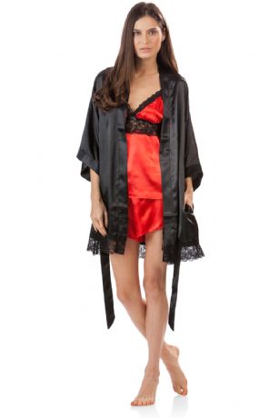 Ashford & Brooks Women's 3 Piece Satin Robe and Pajama Set - Black/Red - This Women's Cami and Shorts Pajama Robe Set from Ashford & Brooks is made out of an exceptionally lightweight silky poly fabric offering an ultra comfortable yet flattering fit. Kimono Bathrobe features: lace trim detail, 3/4 sleeves, side seam pockets, matching self-tie belt and attached inner tie, approx. 34" length. Pjs set features: v-neck neckline top with adjustable straps, lace trim detail with bow accent, approx. 21" (excluding straps). Boxers shorts with elasticized waist for easy pull on and added comfort, measures approx. 1.5" inseam and 12" rise. Effortless design perfect for lounging around, relaxing or just layering on. Roomy and incredibly comfortable This 3 piece set is a great option for those who want something a little lighter and sexier!