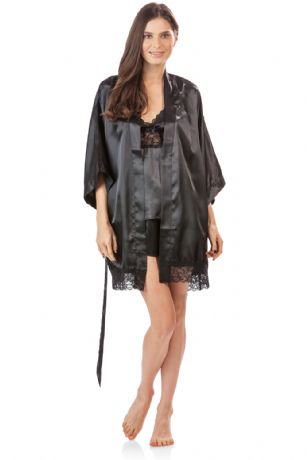 Ashford & Brooks Women's 3 Piece Satin Robe and Pajama Set - Black - This Women's Cami and Shorts Pajama Robe Set from Ashford & Brooks is made out of an exceptionally lightweight silky poly fabric offering an ultra comfortable yet flattering fit. Kimono Bathrobe features: lace trim detail, 3/4 sleeves, side seam pockets, matching self-tie belt and attached inner tie, approx. 34" length. Pjs set features: v-neck neckline top with adjustable straps, lace trim detail with bow accent, approx. 21" (excluding straps). Boxers shorts with elasticized waist for easy pull on and added comfort, measures approx. 1.5" inseam and 12" rise. Effortless design perfect for lounging around, relaxing or just layering on. Roomy and incredibly comfortable This 3 piece set is a great option for those who want something a little lighter and sexier!