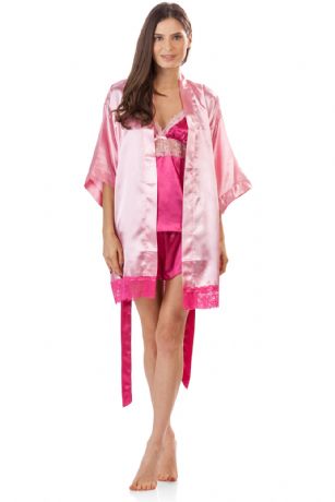 Ashford & Brooks Women's 3 Piece Satin Robe and Pajama Set - Pink/Fuschia - This Women's Cami and Shorts Pajama Robe Set from Ashford & Brooks is made out of an exceptionally lightweight silky poly fabric offering an ultra comfortable yet flattering fit. Kimono Bathrobe features: lace trim detail, 3/4 sleeves, side seam pockets, matching self-tie belt and attached inner tie, approx. 34" length. Pjs set features: v-neck neckline top with adjustable straps, lace trim detail with bow accent, approx. 21" (excluding straps). Boxers shorts with elasticized waist for easy pull on and added comfort, measures approx. 1.5" inseam and 12" rise. Effortless design perfect for lounging around, relaxing or just layering on. Roomy and incredibly comfortable This 3 piece set is a great option for those who want something a little lighter and sexier!