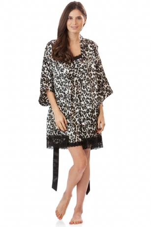 Ashford & Brooks Women's 2 Piece Satin Robe and Nightie Set - Leopard - This Women's Chemise Nightgown Robe Set from Ashford & Brooks is made out of an exceptionally lightweight silky poly fabric offering an ultra comfortable yet flattering fit. Kimono Bathrobe features: lace trim detail, 3/4 sleeves, side seam pockets, matching self-tie belt and attached inner tie, approx. 34" from shoulder to hem. Babydoll nightgown features: lace trim applique, Side slit with lace and bow accent, adjustable spaghetti straps, mid thigh length approx. 30.5" inches excluding straps. Effortless design perfect for lounging around, relaxing or just layering on. This 2 piece set is a great option for those who want something a little lighter and sexier!