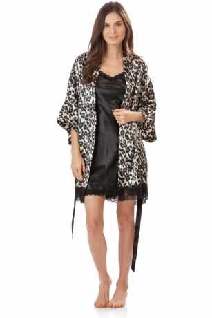 Ashford & Brooks Women's 2 Piece Satin Robe and Nightie Set - Leopard/Black - This Women's Chemise Nightgown Robe Set from Ashford & Brooks is made out of an exceptionally lightweight silky poly fabric offering an ultra comfortable yet flattering fit. Kimono Bathrobe features: lace trim detail, 3/4 sleeves, side seam pockets, matching self-tie belt and attached inner tie, approx. 34" from shoulder to hem. Babydoll nightgown features: lace trim applique, Side slit with lace and bow accent, adjustable spaghetti straps, mid thigh length approx. 30.5" inches excluding straps. Effortless design perfect for lounging around, relaxing or just layering on. This 2 piece set is a great option for those who want something a little lighter and sexier!