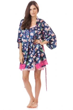 Ashford & Brooks Women's 2 Piece Satin Robe and Nightie Set - Hibiscus Nightingale - This Women's Chemise Nightgown Robe Set from Ashford & Brooks is made out of an exceptionally lightweight silky poly fabric offering an ultra comfortable yet flattering fit. Kimono Bathrobe features: lace trim detail, 3/4 sleeves, side seam pockets, matching self-tie belt and attached inner tie, approx. 34" from shoulder to hem. Babydoll nightgown features: lace trim applique, Side slit with lace and bow accent, adjustable spaghetti straps, mid thigh length approx. 30.5" inches excluding straps. Effortless design perfect for lounging around, relaxing or just layering on. This 2 piece set is a great option for those who want something a little lighter and sexier!