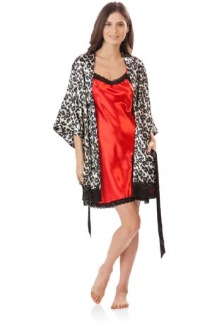 Ashford & Brooks Women's 2 Piece Satin Robe and Nightie Set - Leopard/Red - This Women's Chemise Nightgown Robe Set from Ashford & Brooks is made out of an exceptionally lightweight silky poly fabric offering an ultra comfortable yet flattering fit. Kimono Bathrobe features: lace trim detail, 3/4 sleeves, side seam pockets, matching self-tie belt and attached inner tie, approx. 34" from shoulder to hem. Babydoll nightgown features: lace trim applique, Side slit with lace and bow accent, adjustable spaghetti straps, mid thigh length approx. 30.5" inches excluding straps. Effortless design perfect for lounging around, relaxing or just layering on. This 2 piece set is a great option for those who want something a little lighter and sexier!