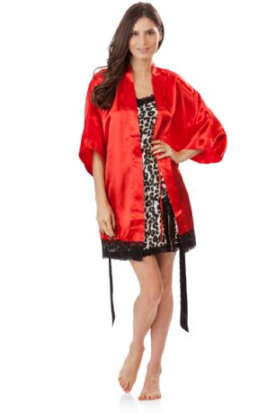 Ashford & Brooks Women's 2 Piece Satin Robe and Nightie Set - Red/Leopard - This Women's Chemise Nightgown Robe Set from Ashford & Brooks is made out of an exceptionally lightweight silky poly fabric offering an ultra comfortable yet flattering fit. Kimono Bathrobe features: lace trim detail, 3/4 sleeves, side seam pockets, matching self-tie belt and attached inner tie, approx. 34" from shoulder to hem. Babydoll nightgown features: lace trim applique, Side slit with lace and bow accent, adjustable spaghetti straps, mid thigh length approx. 30.5" inches excluding straps. Effortless design perfect for lounging around, relaxing or just layering on. This 2 piece set is a great option for those who want something a little lighter and sexier!