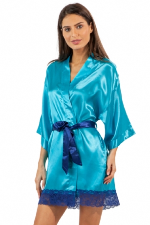 Ashford & Brooks Women's Satin Lace Short Kimono Robe - Aqua - This Elegant Women's Printed Satin Short Kimono Robe from Ashford & Brooks is made out of an exceptionally lightweight silky poly fabric offering an ultra comfortable yet flattering fit. Bathrobe features: lace trim detail, 3/4 sleeves, side seam pockets, matching self-tie belt and attached inner tie. Measures approx. 34" from shoulder to hem. Effortless design perfect for lounging around, relaxing or just layering on. This night robe is a great option for those who want something a little lighter and sexier.