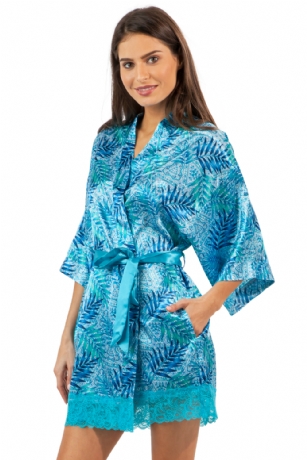 Ashford & Brooks Women's Satin Lace Short Kimono Robe - Aztec Palm - This Elegant Women's Printed Satin Short Kimono Robe from Ashford & Brooks is made out of an exceptionally lightweight silky poly fabric offering an ultra comfortable yet flattering fit. Bathrobe features: lace trim detail, 3/4 sleeves, side seam pockets, matching self-tie belt and attached inner tie. Measures approx. 34" from shoulder to hem. Effortless design perfect for lounging around, relaxing or just layering on. This night robe is a great option for those who want something a little lighter and sexier.