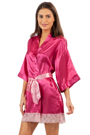 Ashford & Brooks Women's Satin Lace Short Kimono Robe - Fuschia - This Elegant Women's Printed Satin Short Kimono Robe from Ashford & Brooks is made out of an exceptionally lightweight silky poly fabric offering an ultra comfortable yet flattering fit. Bathrobe features: lace trim detail, 3/4 sleeves, side seam pockets, matching self-tie belt and attached inner tie. Measures approx. 34" from shoulder to hem. Effortless design perfect for lounging around, relaxing or just layering on. This night robe is a great option for those who want something a little lighter and sexier.