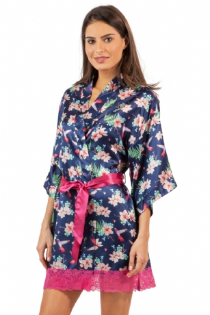 Ashford & Brooks Women's Satin Lace Short Kimono Robe - Hibiscus Nightingale - This Elegant Women's Printed Satin Short Kimono Robe from Ashford & Brooks is made out of an exceptionally lightweight silky poly fabric offering an ultra comfortable yet flattering fit. Bathrobe features: lace trim detail, 3/4 sleeves, side seam pockets, matching self-tie belt and attached inner tie. Measures approx. 34" from shoulder to hem. Effortless design perfect for lounging around, relaxing or just layering on. This night robe is a great option for those who want something a little lighter and sexier.