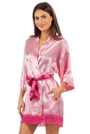 Ashford & Brooks Women's Satin Lace Short Kimono Robe - Pink - This Elegant Women's Printed Satin Short Kimono Robe from Ashford & Brooks is made out of an exceptionally lightweight silky poly fabric offering an ultra comfortable yet flattering fit. Bathrobe features: lace trim detail, 3/4 sleeves, side seam pockets, matching self-tie belt and attached inner tie. Measures approx. 34" from shoulder to hem. Effortless design perfect for lounging around, relaxing or just layering on. This night robe is a great option for those who want something a little lighter and sexier.