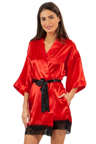 Ashford & Brooks Women's Satin Lace Short Kimono Robe - Red - This Elegant Women's Printed Satin Short Kimono Robe from Ashford & Brooks is made out of an exceptionally lightweight silky poly fabric offering an ultra comfortable yet flattering fit. Bathrobe features: lace trim detail, 3/4 sleeves, side seam pockets, matching self-tie belt and attached inner tie. Measures approx. 34" from shoulder to hem. Effortless design perfect for lounging around, relaxing or just layering on. This night robe is a great option for those who want something a little lighter and sexier.