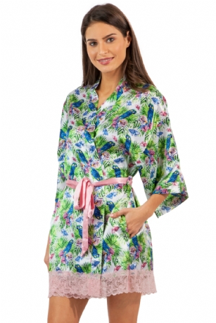 Ashford & Brooks Women's Satin Lace Short Kimono Robe - Tropical Parrot - This Elegant Women's Printed Satin Short Kimono Robe from Ashford & Brooks is made out of an exceptionally lightweight silky poly fabric offering an ultra comfortable yet flattering fit. Bathrobe features: lace trim detail, 3/4 sleeves, side seam pockets, matching self-tie belt and attached inner tie. Measures approx. 34" from shoulder to hem. Effortless design perfect for lounging around, relaxing or just layering on. This night robe is a great option for those who want something a little lighter and sexier.