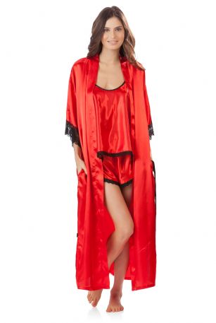 Ashford & Brooks Women's 3 Piece Satin Long Robe and Pajama Set - Red - This Women's 3 Piece Cami and Shorts Pajama Robe Set from Ashford & Brooks is made out of an exceptionally lightweight silky poly fabric offering an ultra comfortable yet flattering fit. Kimono Bathrobe features: side slit with lace and bow accent, 3/4 sleeves, side seam pockets, matching self-tie belt and attached inner tie, approx. 53" length. Pjs set features: Scoop neck neckline top with cross-back adjustable straps, lace trim detail, approx. 18" (excluding straps). Boxers shorts with elasticized waist for easy pull on and added comfort, measures approx. 2" inseam and 11.5" rise. Effortless design perfect for lounging around, relaxing or just layering on. Roomy and incredibly comfortable This 3 piece set is a great option for those who want something a little lighter and sexier!