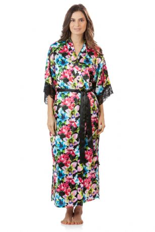 Ashford & Brooks Women's Satin Lace Long Kimono Robe - Floral - This Elegant Women's Printed Satin Long Kimono Bathrobe from Ashford & Brooks is made out of an exceptionally lightweight silky poly fabric offering an ultra comfortable yet flattering fit. Features: lace trim detail, 3/4 sleeves, side seam pockets, 2 side slits with bow accent, black self-tie belt at waist and attached inner tie, and Measures approx. 53" from shoulder to hem. Effortless design perfect for lounging around, relaxing or just layering on. This night robe is a great option for those who want something a little lighter and sexier.