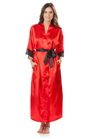 Ashford & Brooks Women's Satin Lace Long Kimono Robe - Red - This Elegant Women's Printed Satin Long Kimono Bathrobe from Ashford & Brooks is made out of an exceptionally lightweight silky poly fabric offering an ultra comfortable yet flattering fit. Features: lace trim detail, 3/4 sleeves, side seam pockets, 2 side slits with bow accent, black self-tie belt at waist and attached inner tie, and Measures approx. 53" from shoulder to hem. Effortless design perfect for lounging around, relaxing or just layering on. This night robe is a great option for those who want something a little lighter and sexier.