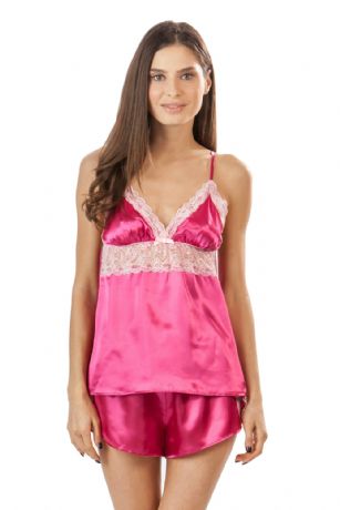 Ashford & Brooks Women's Satin Cami and Shorts Pajama Set - Fuschia - This Womens Satin Cami and Shorts Pajama Sleep Set from Ashford & Brooks is made from a soft silky smooth poly fabric that's exceptionally lightweight offering a cozy and comfortable yet flattering fit. Set features: v-neck neckline top with adjustable spaghetti straps, lace trim detail with bow accent, approx. 21" from shoulder to hem (excluding straps). Boxers shorts with elasticized waist for easy pull on and added comfort, measures approximately 1.5" inseam and 12" rise, lace trim detail at waist and side slits with bow accent. Roomy and incredibly comfortable two piece Pjs Set, It is a great option for those who want something a little lighter and sexier.