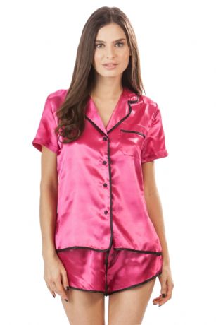 Ashford & Brooks Women's Satin Short Sleeve Pajama Shorts Set - Fuschia - This women's Notch Collar Short Sleeve Pajama Sleep Set from Ashford & Brooks is made out of lightweight silky smooth poly fabric offering a cozy and comfortable yet flattering fit. Short sleeve top features: Notch collar with button down closure, approx. 25.5" from shoulder to hem, chest slip pocket, short sleeves, solid and printed peacock patterns with contrast color piping. Pajama pants with elasticized waist for easy pull on and added comfort, side seam pockets, approx. 1.5" inseam 11" rise, contrast color trim and drawstring bow tie closure. Roomy and incredibly comfortable two-piece Pj's set, It's a great option for those who want something a little lighter and sexier.