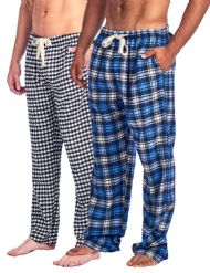 Ashford & Brooks Mens Soft Flannel Plaid Pajama Sleep Pants 2 Pack - Black Blue / Ivory Navy