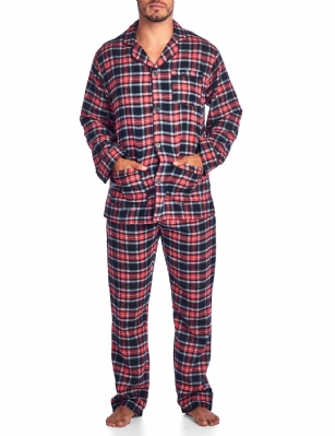 Ashford & Brooks Mens Flannel Plaid Pajamas Long Pj Set - Red Black - This Ashford & Brooks mens Luxurious Cozy Long Sleeve Classic Pajama Gift Set is made from durable ultra-soft 55% Cotton /45% Polyester fabric. Designed with a roomy relaxed fit. The Fabric blend is designed to give you that soft and warm touch, at the same time prevent excessive shrinkage unlike the 100% Cotton Flannel fabric. It'll keep you warm and comfortable during the cold winter days yet stylish at the same time. The mens Pj's 2pc set features; Long Sleeve Notch Collar Sleep Shirt with full button-down closure, 2 Pockets and 1 chest slip pocket, Plaid patterns with piping. Pajama pants features; Elasticized waist and drawstring bow tie closure for easy pull on and added comfort, concealed open fly, side seam pockets, approx. 32" inseam. This Two-piece comfort sleepwear PJ set is perfect for sleeping or lounging around the House. Soft to touch feels great against skin, you will not want to get them off! Comes in Beautifully Gift-Wrapped packaging. 