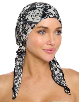 Ashford & Brooks  Women's Pretied Printed Fitted Headscarf Chemo Bandana - Classic Black/White - Fashionable, beautiful and comfortable Pre-tied Fittted Bandana from Ashford & Brooks, No tying skills required- just slip it on and go. Unique printed design to fit your style, elastic back with inner black lining for secure fit. These headscarves are ideal for alopecia and chemotherapy cancer patients because they are easy to use, soft and provide full head coverage.