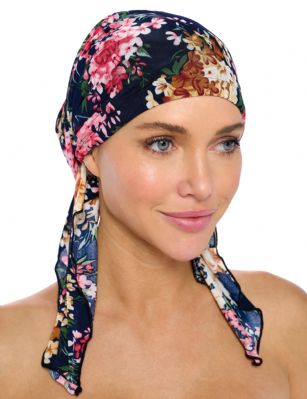 Ashford & Brooks  Women's Pretied Printed Fitted Headscarf Chemo Bandana - Ditsy Navy/Pink - Fashionable, beautiful and comfortable Pre-tied Fittted Bandana from Ashford & Brooks, No tying skills required- just slip it on and go. Unique printed design to fit your style, elastic back with inner black lining for secure fit. These headscarves are ideal for alopecia and chemotherapy cancer patients because they are easy to use, soft and provide full head coverage.