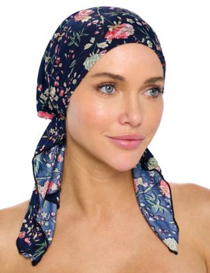 Ashford & Brooks  Women's Pretied Printed Fitted Headscarf Chemo Bandana - Jacobean Navy/Pink - Fashionable, beautiful and comfortable Pre-tied Fittted Bandana from Ashford & Brooks, No tying skills required- just slip it on and go. Unique printed design to fit your style, elastic back with inner black lining for secure fit. These headscarves are ideal for alopecia and chemotherapy cancer patients because they are easy to use, soft and provide full head coverage.