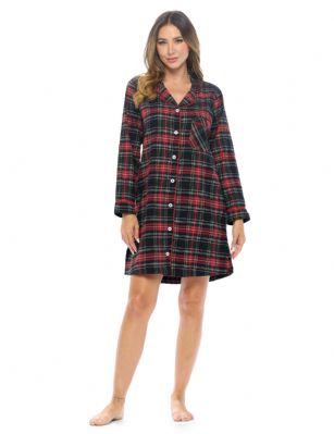 Ashford & Brooks Women's Flannel Plaid Sleep Shirt Button Down Nightgown - Black Stewart - This Ashford & Brooks Cozy Flannel Long Sleeve Classic Button-Down Boyfriend Pajama Sleep Shirt for Women is made from durable ultra-soft 55% Cotton /45% Polyester fabric. The Fabric blend is designed to give you that soft and warm touch that feels great against skin, at the same time prevent excessive shrinkage, Unlike the 100% Cotton Flannel fabric. The Short Sleep Top Nightgown will keep you warm and comfortable during the cold winter days yet stylish at the same time. Designed with a roomy relaxed fit making it very easy to put on and take off. This Woman flannel short Gown features; Long Sleeves, V Neck notch collar with full button-down closure, 2 Large side seam pockets, one chest slip pocket, classic Plaid patterns with piping details. Length is approx. 38" Shoulder to hem. This comfort sleepwear Gown is perfect for sleeping or lounging around the House in comfort and style. This classic PJ sleep top will make a great Holiday gift for mom, wife, girlfriend or any special women in your life, for Mothers Day, Christmas, Birthday or for any special occasion. She will sure love it!!!