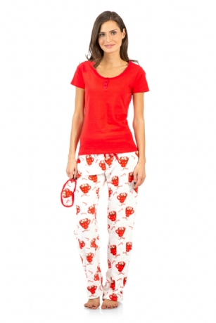 Ashford & Brooks Women's Cotton Top Eye mask & Coral Fleece Pants Pajama Set - Red/Ivory - This Ashford & Brooks Women's Short Sleeve Knitted Cotton Top Jersey Shirt and Coral Fleece Eye Mask & pants Sleepwear Pajama Set is made from durable ultra-soft 100% Cotton and 100% Polyester Coral Fleece fabric that will keep you cozy, warm, and comfortable and stylish at the same time. The Pajama Set includes a solid Color round neck Jersey Knit Cotton Sleep shirt and 3 button closure, a Pretty matching coral fleece night eye mask and plush Sleep pants featuring side seam pockets, approx. 30" inseam length, Inner plush Elastic waistband for easier pull on and added comfort with contrast color drawstring bow tie closure. This Two-piece Lounge set offers a roomy relaxed fit perfect for sleeping or lounging around. Supper Soft to the touch and feels great against skin, you will not want to get them off! A great holiday Gift or any occasion, Comes in Beautifully Gift Wrapped packaging. 