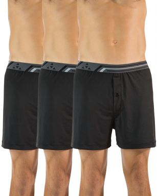 Balanced Tech Men's Active Performance Boxer Shorts 3 Pack  - Black - These Balanced Tech Active Performance Boxer Shorts is made out of a 95% Polyester/5% Elastane fabric with breathability and moisture wicking technology ensures fast drying while keeping you cool and fresh all day. These comfort fit athletic underwear features: comfortable signature elastic waistband that eliminates chafing, functional button fly, approx. 4" inseam length, 4 way stretch flexibility improves mobility while maintaining its shape and wont ride up. These Boxers are great for running and working out and for all day use. About the Brand - "Balanced Tech" Designed in the US, is an activewear brand that infuses technology, Driven by the latest trends with style and comfort for everyday goals and challenges. Whether you are working up a serious sweat or hanging out on a Sunday, you can always look and feel great with Balanced Tech!