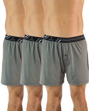 Balanced Tech Men's Active Performance Boxer Shorts 3 Pack  - Grey - These Balanced Tech Active Performance Boxer Shorts is made out of a 95% Polyester/5% Elastane fabric with breathability and moisture wicking technology ensures fast drying while keeping you cool and fresh all day. These comfort fit athletic underwear features: comfortable signature elastic waistband that eliminates chafing, functional button fly, approx. 4" inseam length, 4 way stretch flexibility improves mobility while maintaining its shape and wont ride up. These Boxers are great for running and working out and for all day use. About the Brand - "Balanced Tech" Designed in the US, is an activewear brand that infuses technology, Driven by the latest trends with style and comfort for everyday goals and challenges. Whether you are working up a serious sweat or hanging out on a Sunday, you can always look and feel great with Balanced Tech!