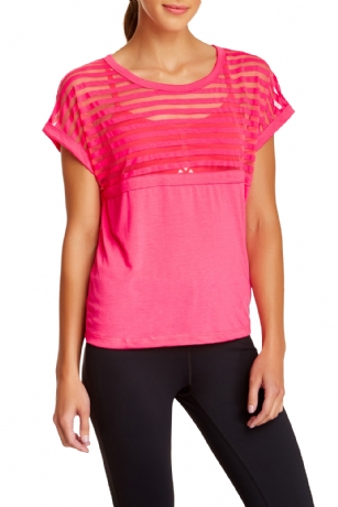 Balanced Tech Women's Burntout Stripe Crew Neck Tee - Knockout Pink - This Balanced Tech Women's BurntoutStriped Tee is made from Lightweight 73% Polyester/ 27% Rayon fabric that's super soft and comfortable is a must have in any yoga and lounge wardrobe. Wear it as a layering piece, after gym, alone around the house or to sleep in. Top features Sheer striped solid construction, front logo accent, crew neck and shorts sleeve. You'll find many reasons to make this T-shirt yours.  About the Brand - "Balanced Tech" - Balanced Tech is an activewear brand that infuses technology, Driven by the latest trends with style and comfort for everyday goals and challenges. Whether you are working up a serious sweat or hanging out on a Sunday, you can always look and feel great with Balanced Tech!