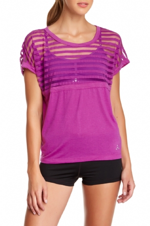 Balanced Tech Women's Burntout Stripe Crew Neck Tee - Purple Cactus - This Balanced Tech Women's Burntout Striped Tee is made from Lightweight 73% Polyester/ 27% Rayon fabric that's super soft and comfortable is a must have in any yoga and lounge wardrobe. Wear it as a layering piece, after gym, alone around the house or to sleep in. Top features Sheer striped solid construction, front logo accent, crew neck and shorts sleeve. You'll find many reasons to make this T-shirt yours.  About the Brand - "Balanced Tech" - Balanced Tech is an activewear brand that infuses technology, Driven by the latest trends with style and comfort for everyday goals and challenges. Whether you are working up a serious sweat or hanging out on a Sunday, you can always look and feel great with Balanced Tech!