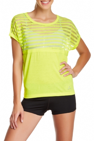 Balanced Tech Women's Burntout Stripe Crew Neck Tee - Safety Yellow - This Balanced Tech Women's Burntout Striped Tee is made from Lightweight 73% Polyester/ 27% Rayon fabric that's super soft and comfortable is a must have in any yoga and lounge wardrobe. Wear it as a layering piece, after gym, alone around the house or to sleep in. Top features Sheer striped solid construction, front logo accent, crew neck and shorts sleeve. You'll find many reasons to make this T-shirt yours.  About the Brand - "Balanced Tech" - Balanced Tech is an activewear brand that infuses technology, Driven by the latest trends with style and comfort for everyday goals and challenges. Whether you are working up a serious sweat or hanging out on a Sunday, you can always look and feel great with Balanced Tech!