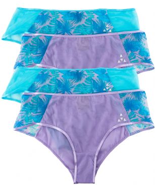 Balanced Tech Women's Printed Mesh Hipster Panty 4 Pack - Palm Leaf - This 4 Pack Printed Mesh Hipster Briefs From Balanced Tech is made from lightweight 83%Polyester / 17%Elastane mesh fabric that's ideal for your active lifestyle. It's super soft and exceptionally lightweight, provides a breathable and Quick dry moisture control technology that ensures fast drying and moves moisture away from the body, Two-Way stretch conforms to the body for excellent support, Comfortable waistband and low-rise construction for more comfort while minimizing irritation. This economical Four pack is a smart investment for any woman's active attire collection.