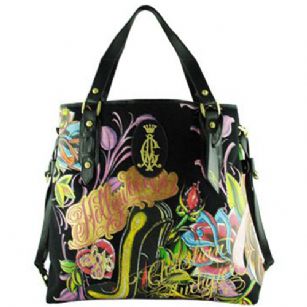 Christian Audigier Moulin Rouge Holywood Canvas Tote - Black - The Christian Audigier MRS7001 Moulin Rouge Holywood Canvas Tote Bag isa popular bag and is part of theCA Handbag Collection. Designed by Chris Audigier who also designs Ed Hardy Bags.It features -Cotton canvasmaterial,split main pocket with center zipper and sides snap closure."Rhinstone Heel"andFlower graphics, as well as printed Holywood and Christian Audigier Graphic Text.It also featuresinterior zip pocket, and open slot and cellphone slot. 