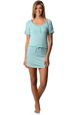 Casual Nights Women's Short Sleeve Striped Henley Nightie Shirt - Aqua - Lounge and sleep in This Soft and comfortable Casual Nights Striped Henley Nightshirt Top Featuring all over fun striped print and Solid scoop-neck collar, Short-sleeve with cuffs and Front waist drawstring, Lightweight jersey knit material you'll feel comfy traveling in, Sleep and dream comfortably in this Pajama lounge Sleepshirt. 