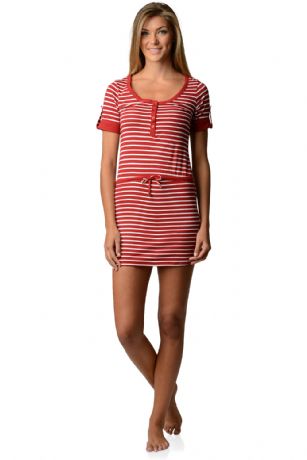 Casual Nights Women's Short Sleeve Striped Henley Nightie Shirt - Burgundy - Lounge and sleep in This Soft and comfortable Casual Nights Striped Henley Nightshirt Top Featuring all over fun striped print and Solid scoop-neck collar, Short-sleeve with cuffs and Front waist drawstring, Lightweight jersey knit material you'll feel comfy traveling in, Sleep and dream comfortably in this Pajama lounge Sleepshirt. 