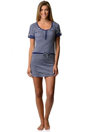 Casual Nights Women's Short Sleeve Striped Henley Nightie Shirt - Navy - Lounge and sleep in This Soft and comfortable Casual Nights Striped Henley Nightshirt Top Featuring all over fun striped print and Solid scoop-neck collar, Short-sleeve with cuffs and Front waist drawstring, Lightweight jersey knit material you'll feel comfy traveling in, Sleep and dream comfortably in this Pajama lounge Sleepshirt. 