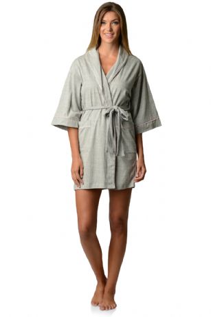 Casual Nights Womens Jersey Kimono Short Robe - Heather Grey - Wrap around in comfort with this Jersey Knit Kimono Short Robe from Casual Nights a classic favorite for everyday wear. Featuring a shawl collar, three-quarter sleeves, contrast color piping, matching self-Tie belt, Attached inner tie and 2 hand Pockets. Effortless Design perfect for Lounging, Relaxing or just layering on