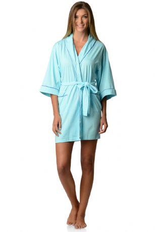 Casual Nights Womens Jersey Kimono Short Robe - Turquoise - Wrap around in comfort with this Jersey Knit Kimono Short Robe from Casual Nights a classic favorite for everyday wear. Featuring a shawl collar, three-quarter sleeves, contrast color piping, matching self-Tie belt, Attached inner tie and 2 hand Pockets. Effortless Design perfect for Lounging, Relaxing or just layering on