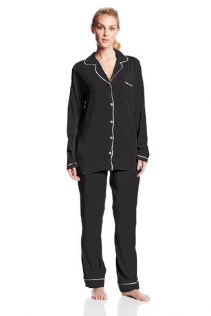 Casual Nights Womens Sleepwear Classic Long Sleeve Pajama Set - Black - Sleep comfortable in This Relaxed Fit Casual Nights Jersey Knit Long Sleeve Pajama Set the top Features Button closure with a open pocket, pajama pant with elastic drawstring waist and side pockets, contrast color trim detail. Made from super-soft Cotton Blend fabric this is perfect for lounging, or sleeping.