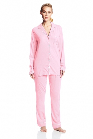 Casual Nights Womens Sleepwear Classic Long Sleeve Pajama Set - Light Pink - Sleep comfortable in This Relaxed Fit Casual Nights Jersey Knit Long Sleeve Pajama Set the top Features Button closure with a open pocket, pajama pant with elastic drawstring waist and side pockets, contrast color trim detail. Made from super-soft Cotton Blend fabric this is perfect for lounging, or sleeping.