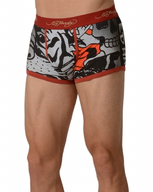 Ed Hardy Men's Fierce Tiger Collage Trunk - Red - This Ed Hardy Men'sFierce Tiger Collage Trunk rocks an"Fierce Tiger Collage" TattooDesign in front and Back, signature logo Jaquard waistband