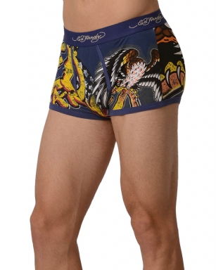 Ed Hardy Men's Eagle Has Landed Trunk - Navy - This Ed Hardy Men'sEagle Has Landed Trunk rocks an"Eagle Has Landed" TattooDesign in front and Back, signature logo Jaquard waistband