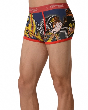 Ed Hardy Men's Eagle Has Landed Trunk - Red - This Ed Hardy Men'sEagle Has Landed Trunk rocks an"Eagle Has Landed" TattooDesign in front and Back, signature logo Jaquard waistband